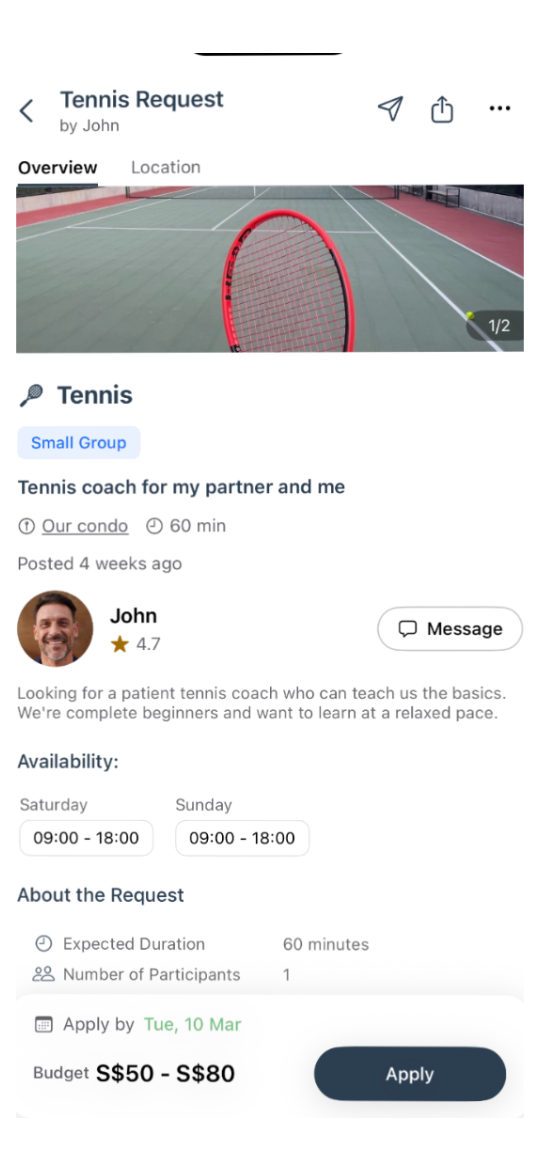 Session request — Tennis coach needed